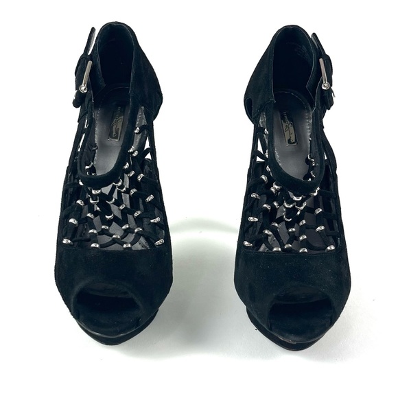 Report Signature Black Suede Caged Peep Toe Platform Heels - Picture 2 of 7